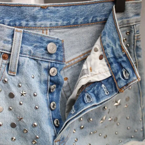 Levi's 501 High Rise Embellished Asteroid Studs Light Wash Cutoff Shorts sz 24 - Picture 7 of 10